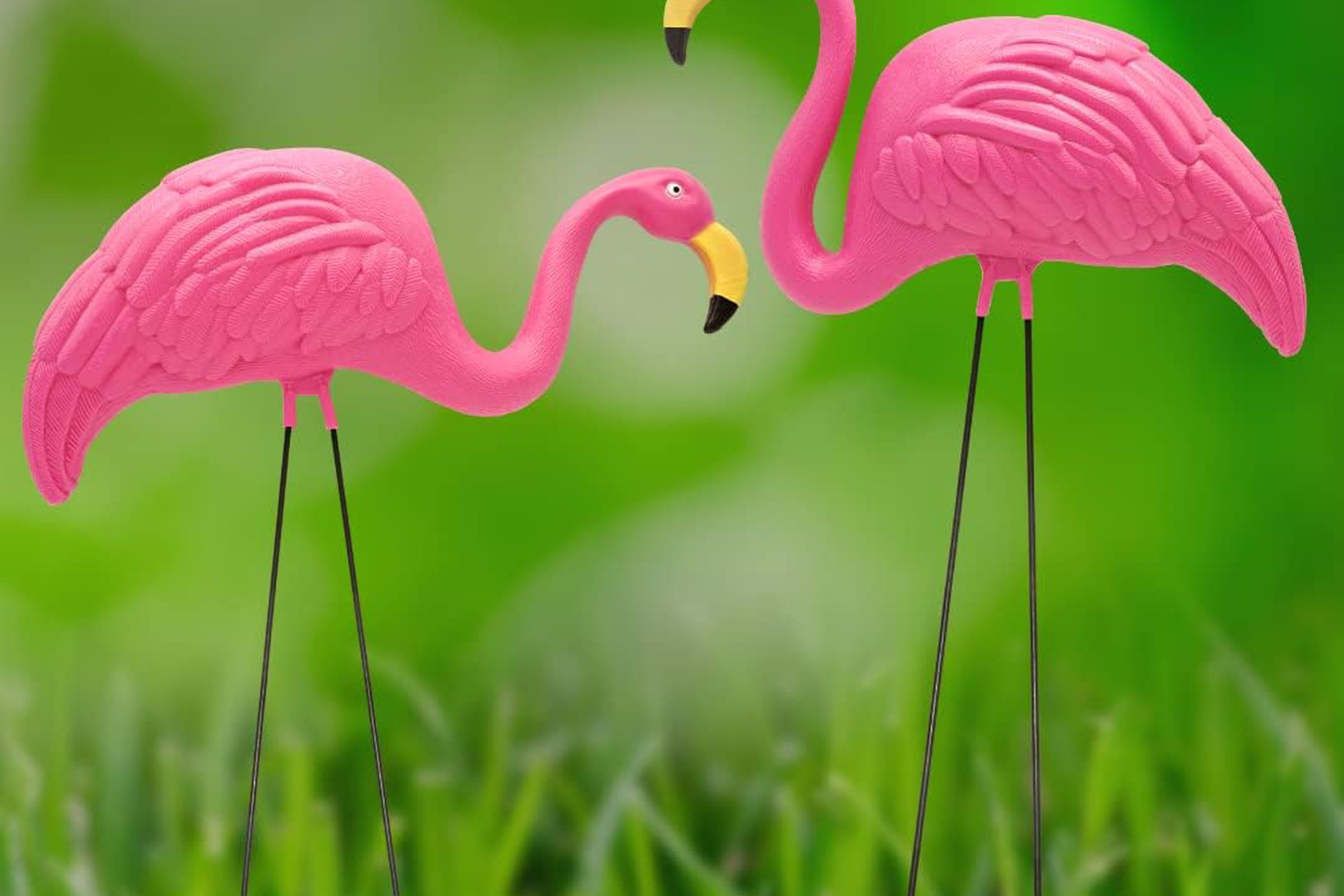 Dos flamencos rosados ​​de plástico sobre un césped verde.