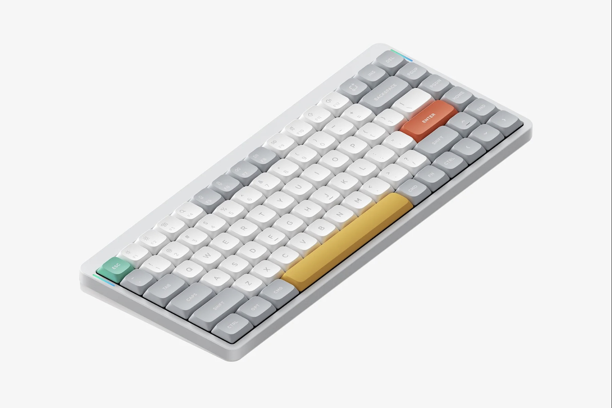 Keyboard with white, gray, red, and yellow keys.