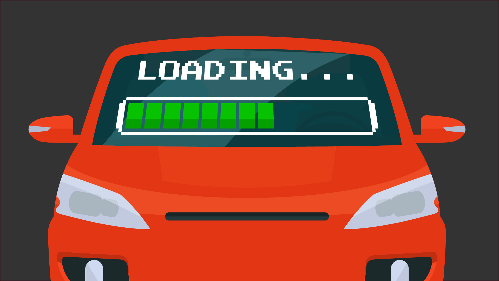 An illustration of a red car with a loading bar on the windshield.