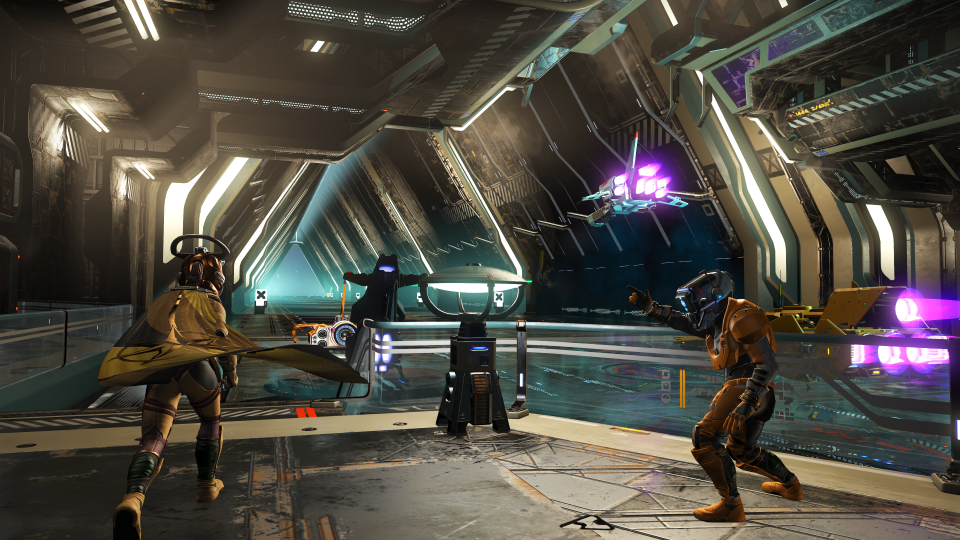 Interior of new procedurally generated space stations in the game No Man's Sky.  Three characters pose in action in the foreground of a space hangar as ships whiz by.