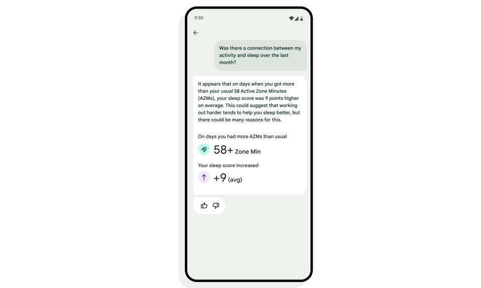 Google screenshot of an upcoming Fitbit feature that answers personal health questions.  The user's text box asks about connections between their activity and sleep, and the robot says that when you spend more than 58 minutes in activity zones, your sleep score increases nine points.