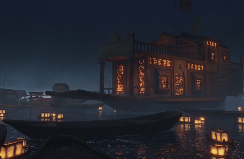 A screenshot from The Pirate Queen, showing an ornate ship with a warm glow emanating from its windows.  The ship is in a body of water that has some floating lanterns.