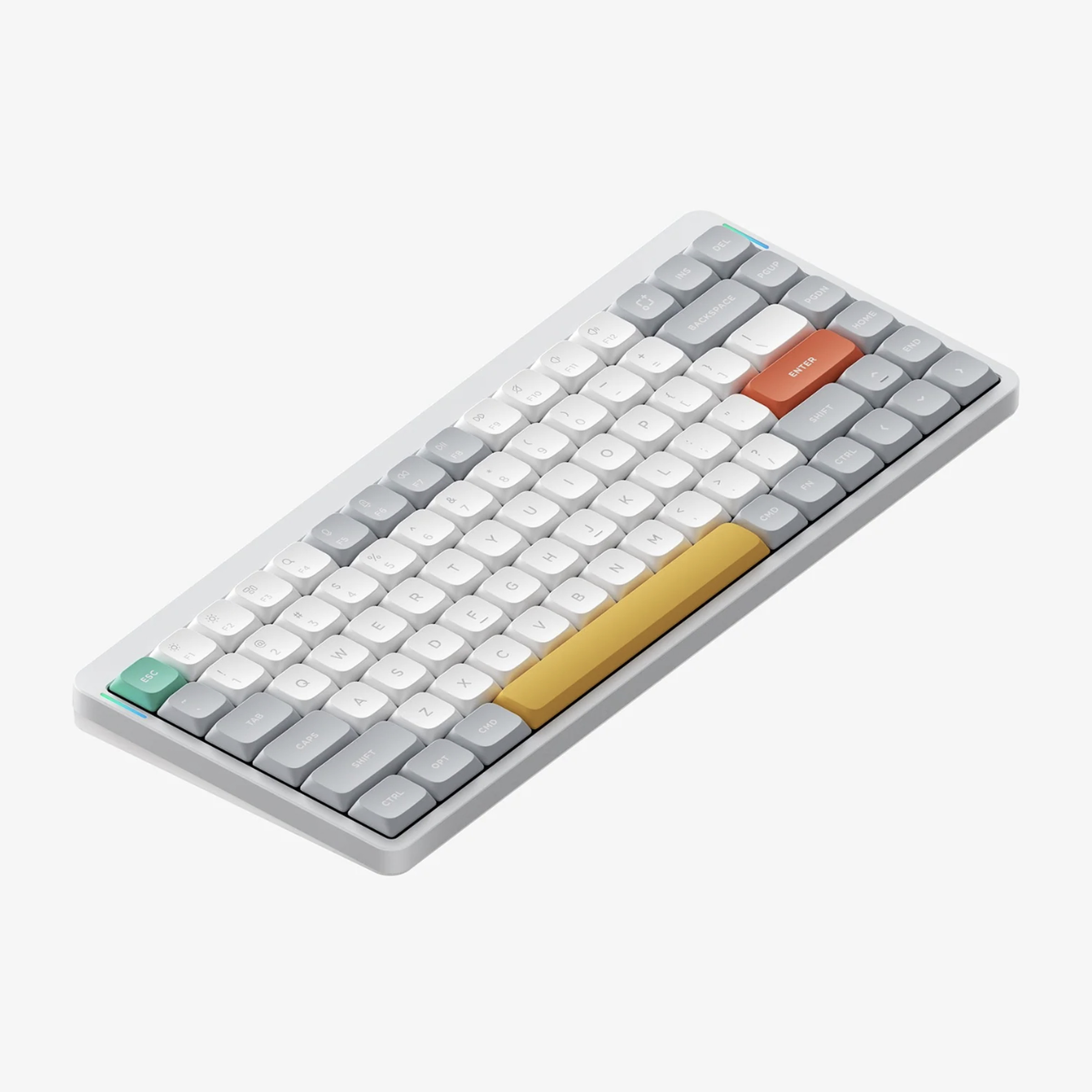 Keyboard with white, gray, red, and yellow keys.