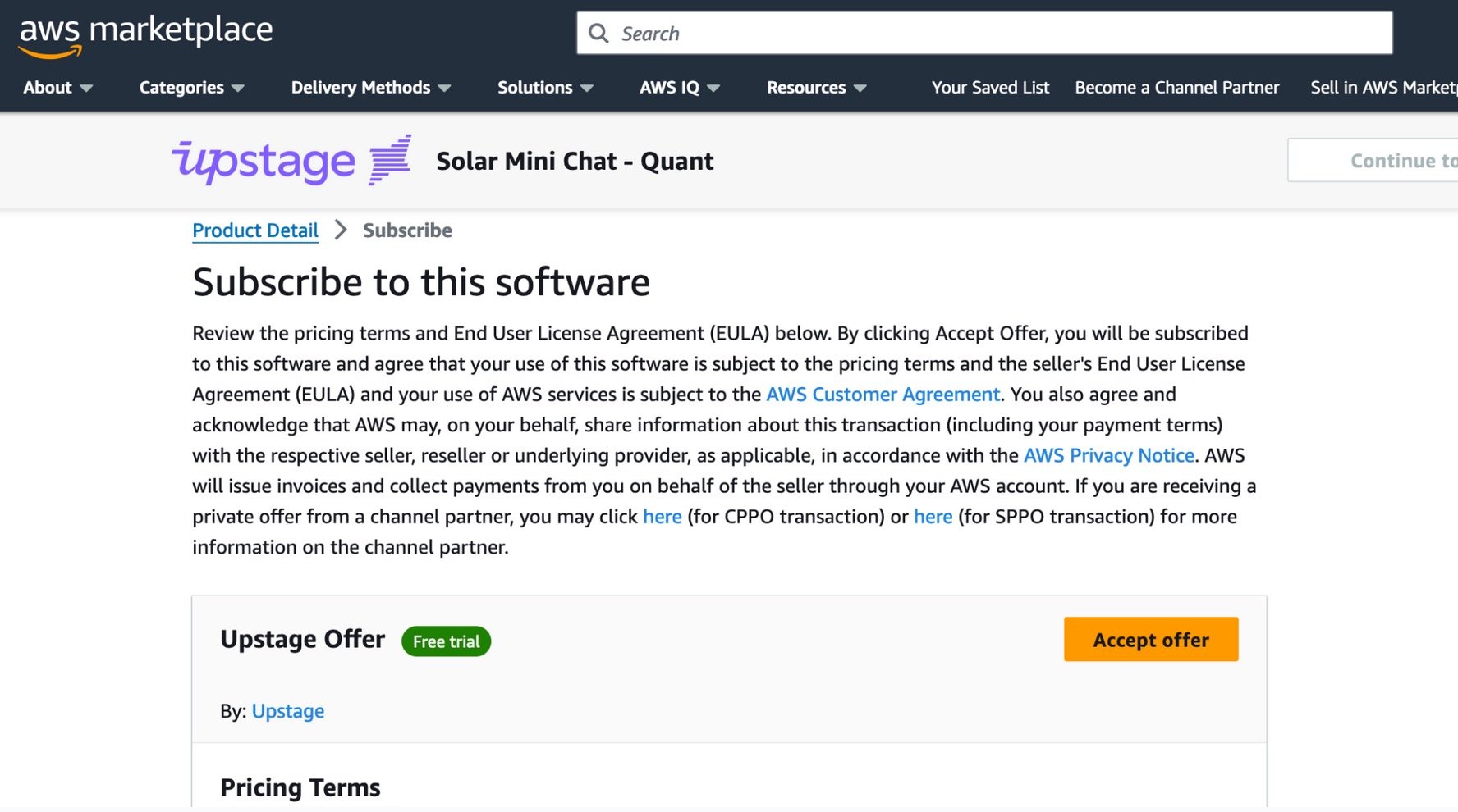 Figure: Accept Solar model offer in AWS Marketplace