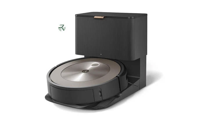 Product marketing image for the iRobot Roomba J9+.  The robot vacuum cleaner stands at its cleaning station on a white background.