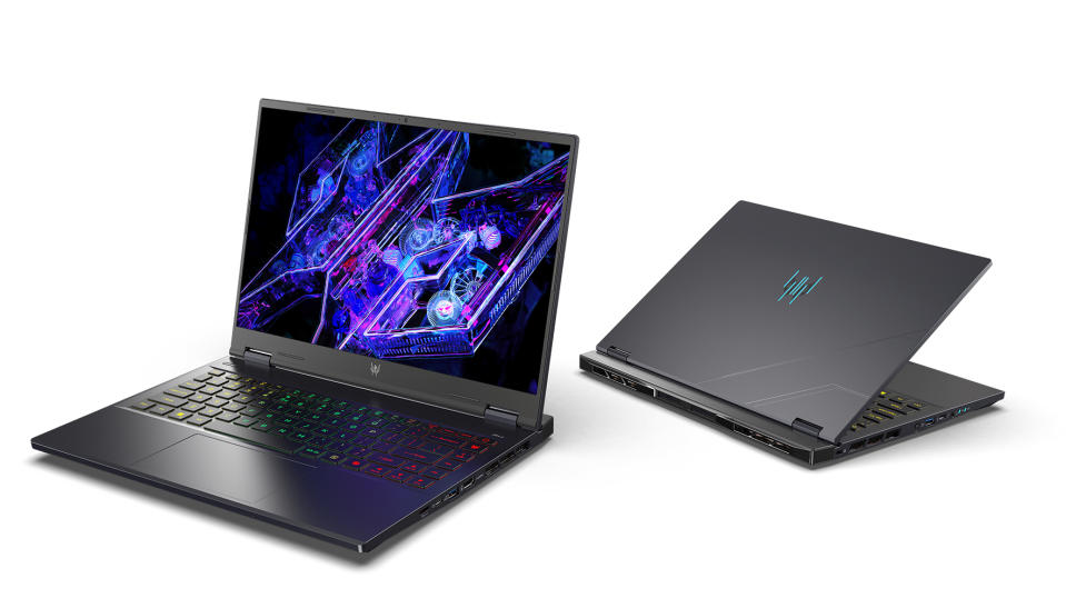 Product marketing image for the Acer Predator Helios Neo 14 gaming laptop. An open version is on the left, with a partially closed view from the back on the right.  Gray blue background.