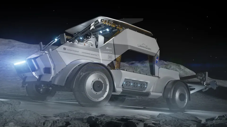 Lunar Outpost's Lunar Dawn LTV concept is shown in a rendering that shows it driving on the moon.
