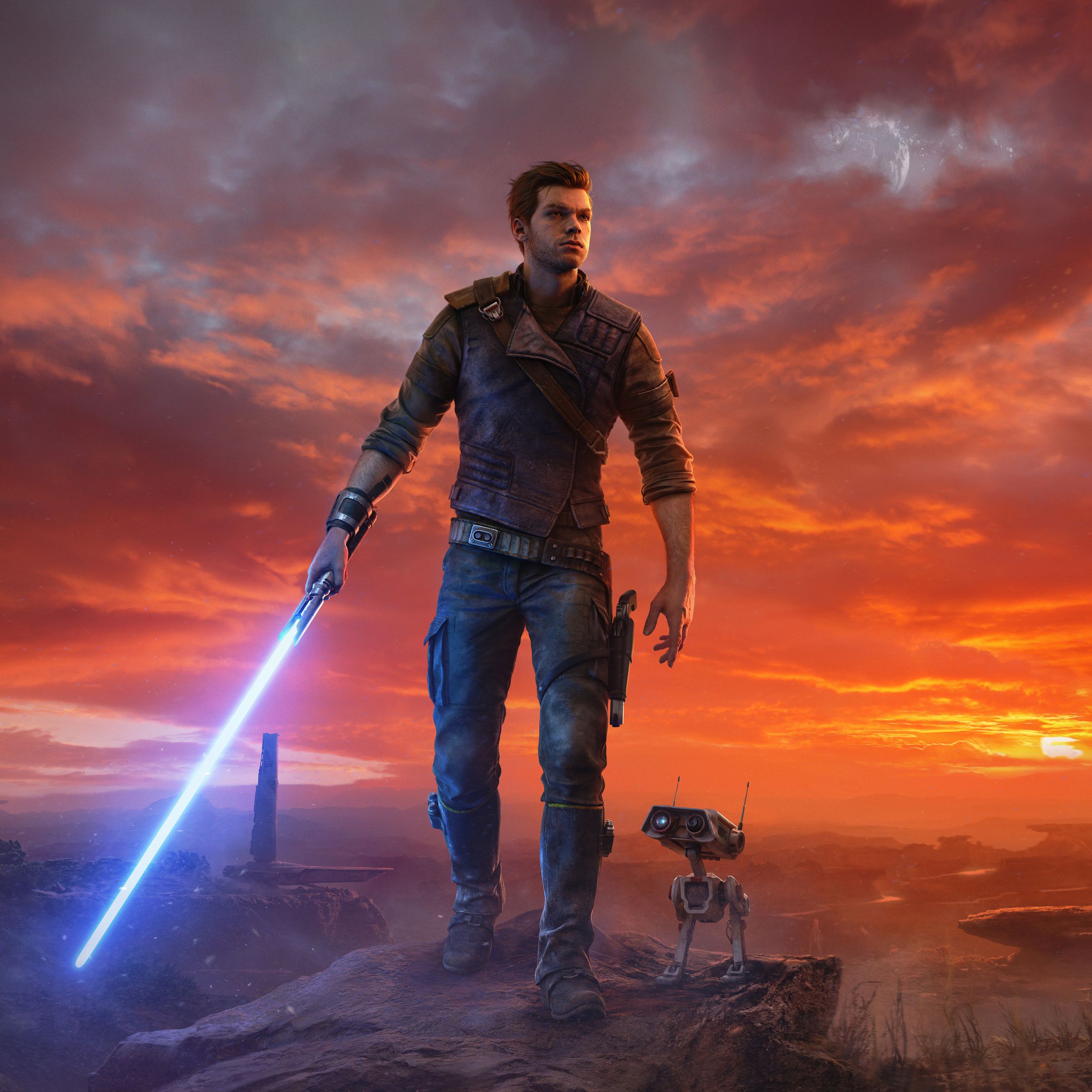 The cover of Star Wars Jedi: Survivor, showing main character Cal Kestis and his droid, BD-1, in front of a desolate background.