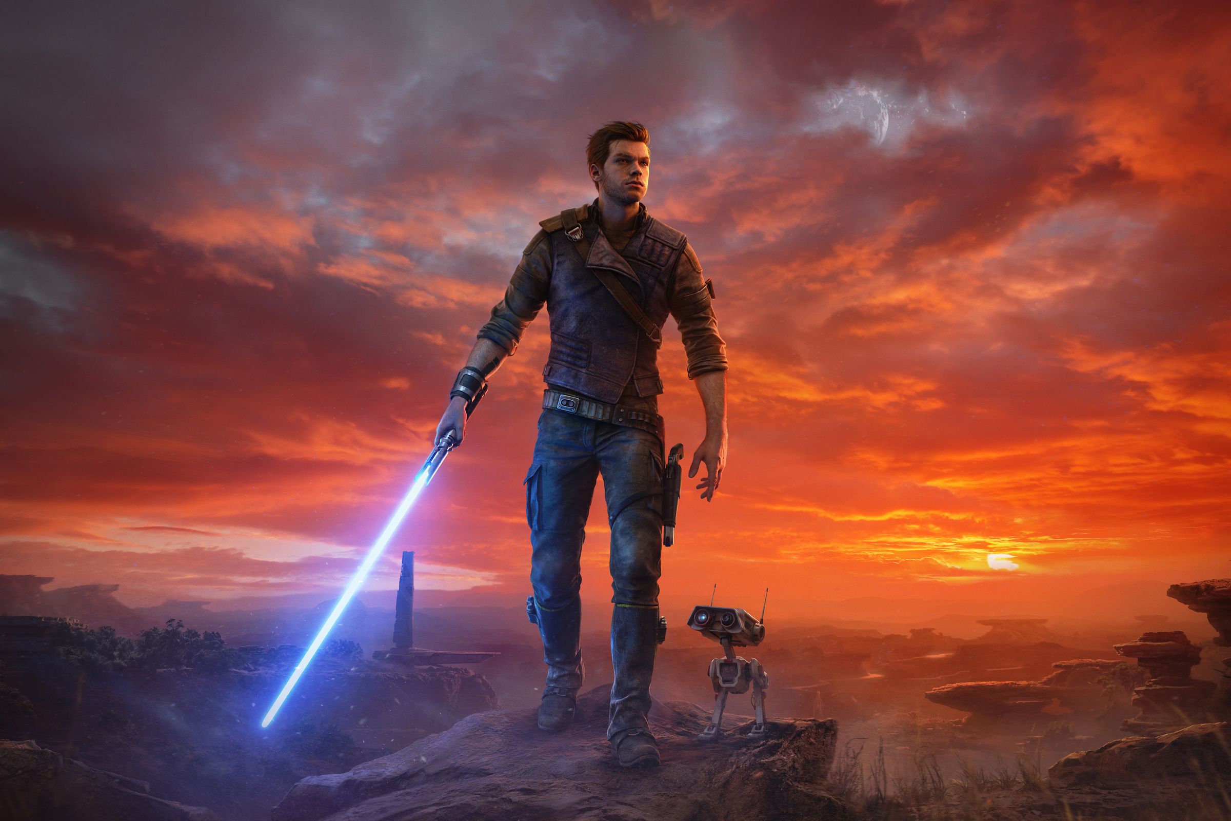 The cover of Star Wars Jedi: Survivor, showing main character Cal Kestis and his droid, BD-1, in front of a desolate background.