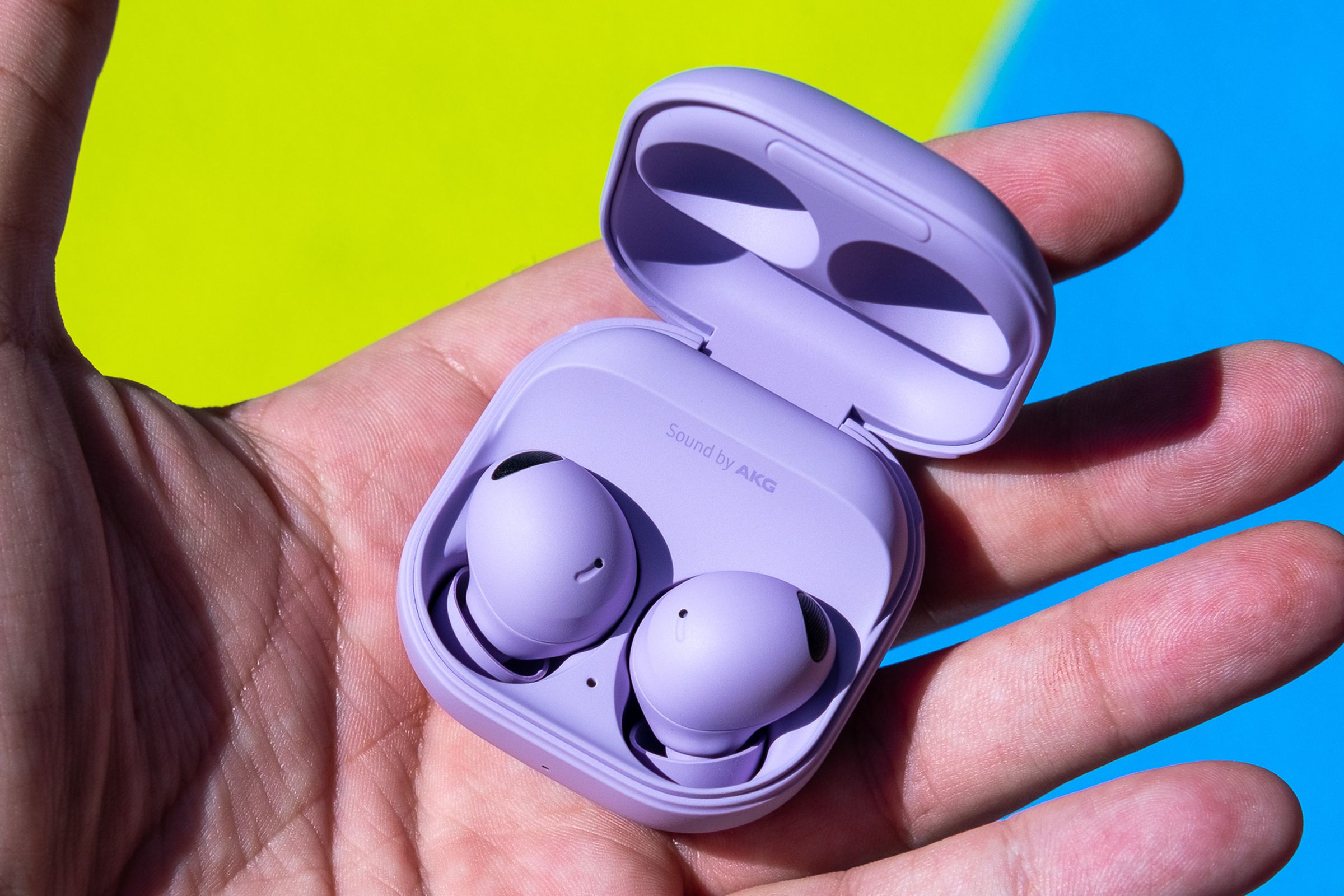 A photo of Samsung’s purple Galaxy Buds 2 Pro.