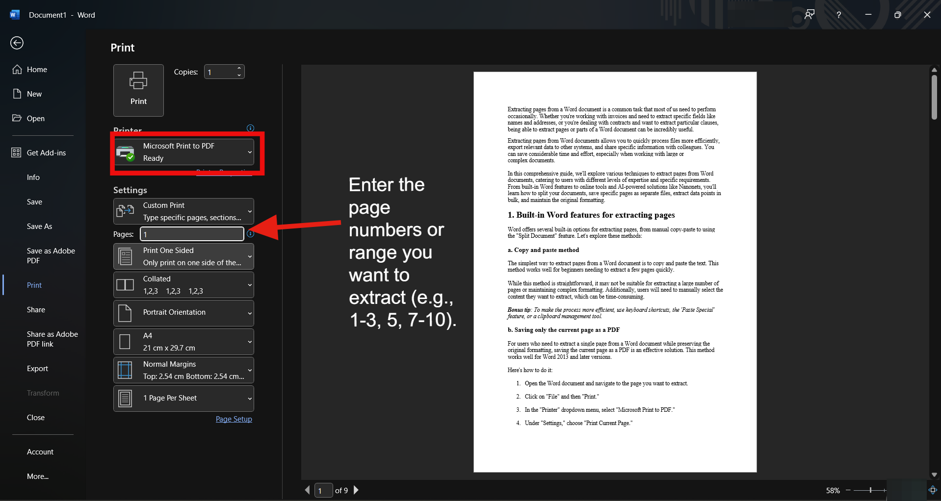 Screenshot of a how to use Word's in-built feature for extracting current page as a PDF