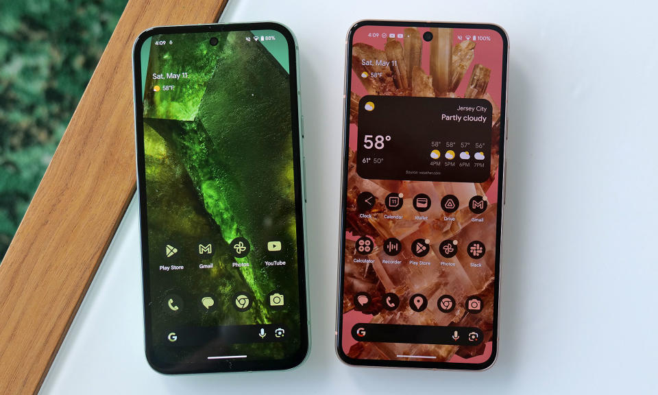 While they both have very similar designs, the Pixel 8a (left) has a slightly smaller 6.1-inch display with larger bezels than the standard Pixel 8 (right). 