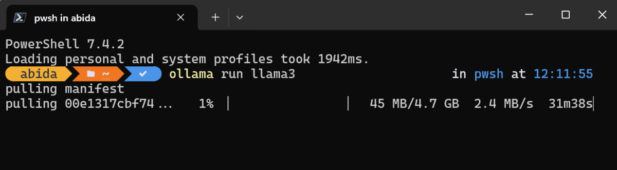 PowerShell: download Llama 3 using Ollama