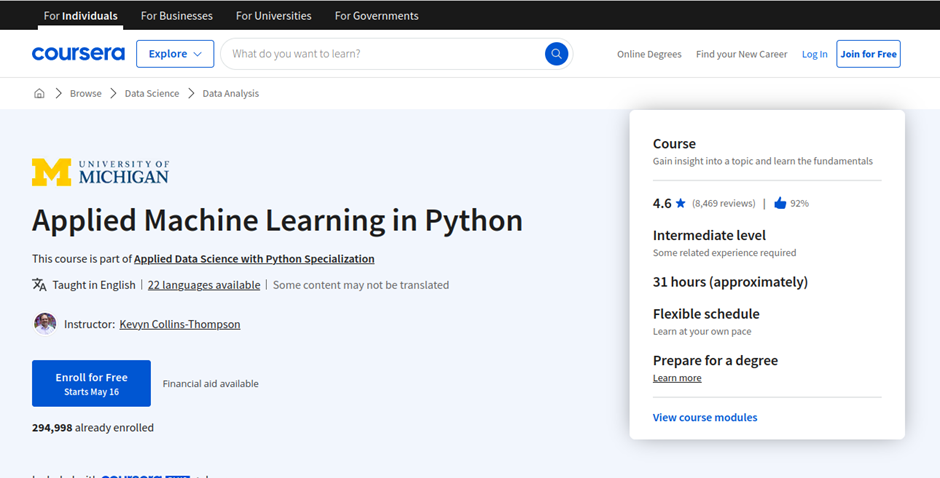 University of Michigan Applied Machine Learning with Python