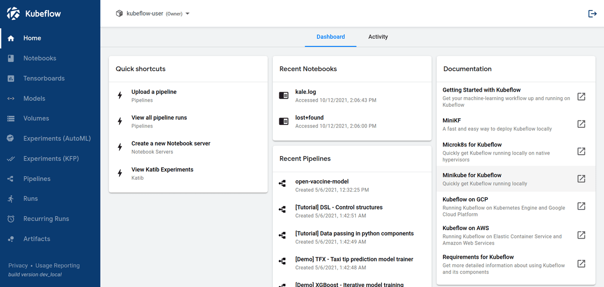 Kubeflow Dashboard UI