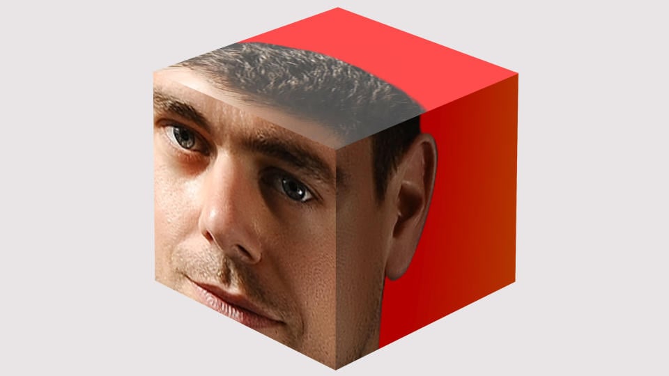 Graphic from financial company Block showing Jack Dorsey's face on a cube.