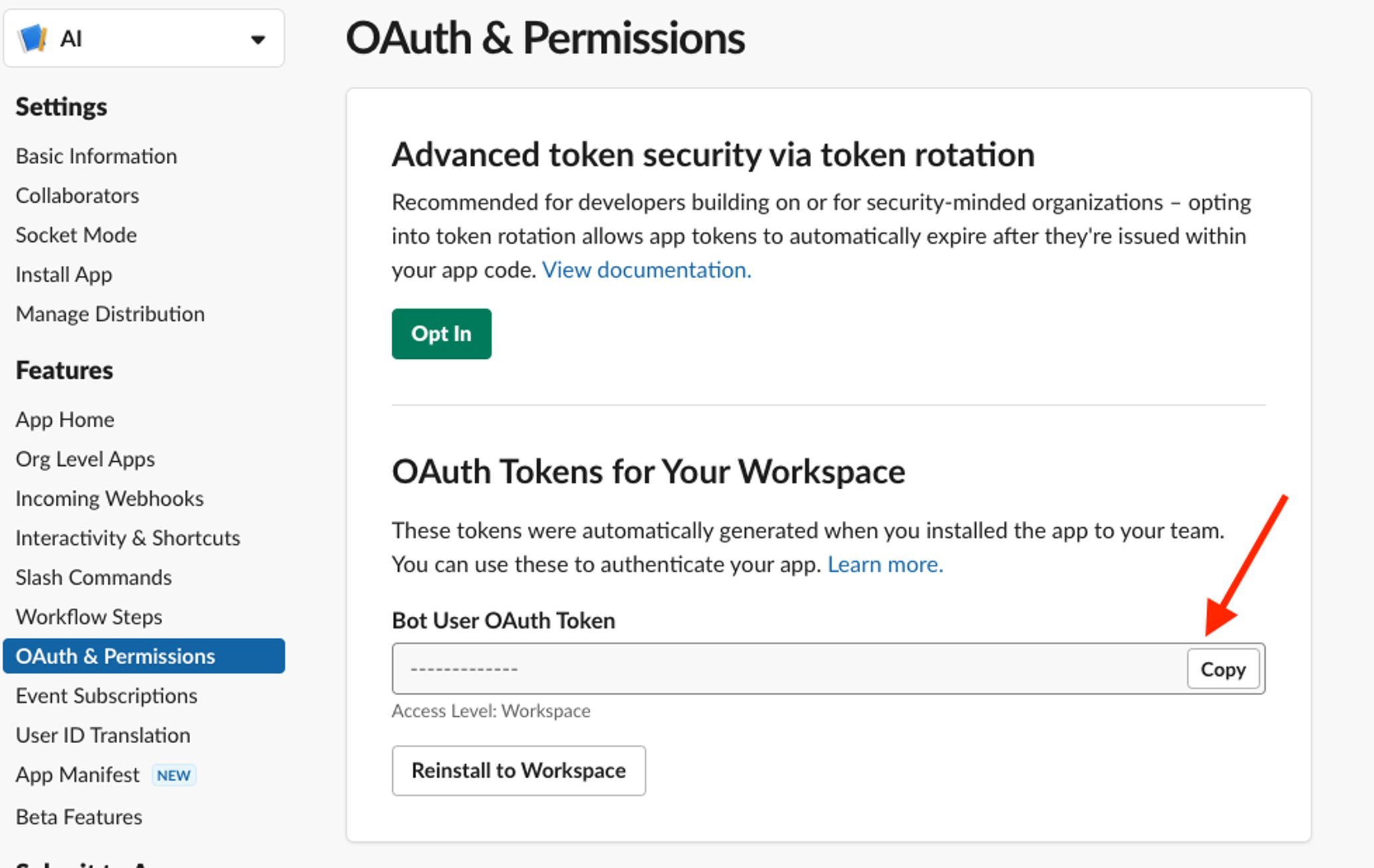 OAuth and permissions for the Slack app