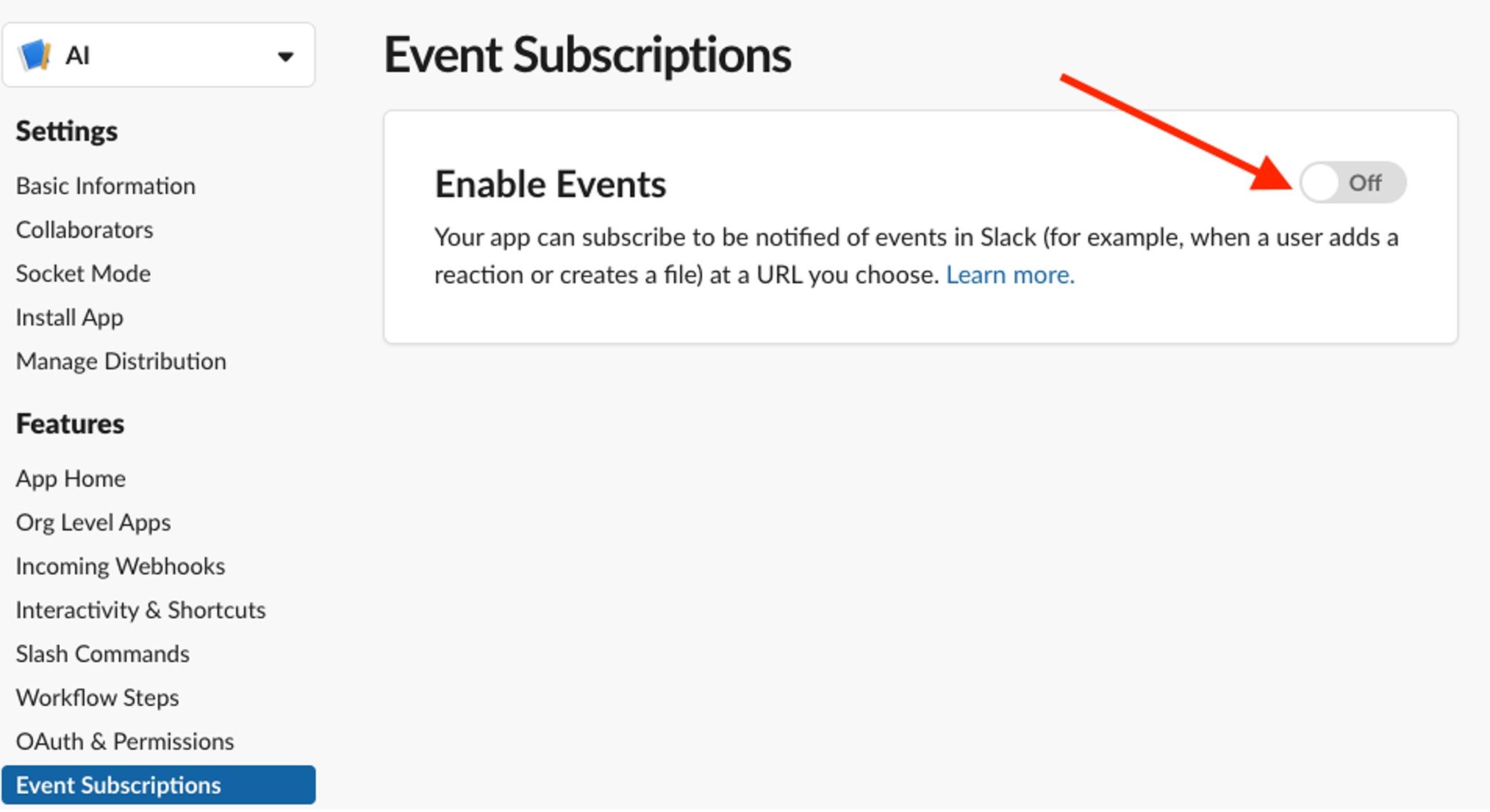 Enable event subscription in the Slack app