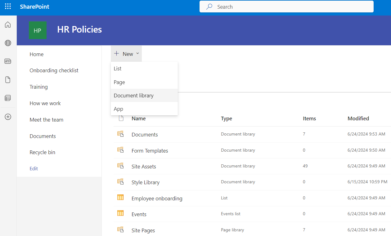 HR Policies SharePoint Site document library folder structure