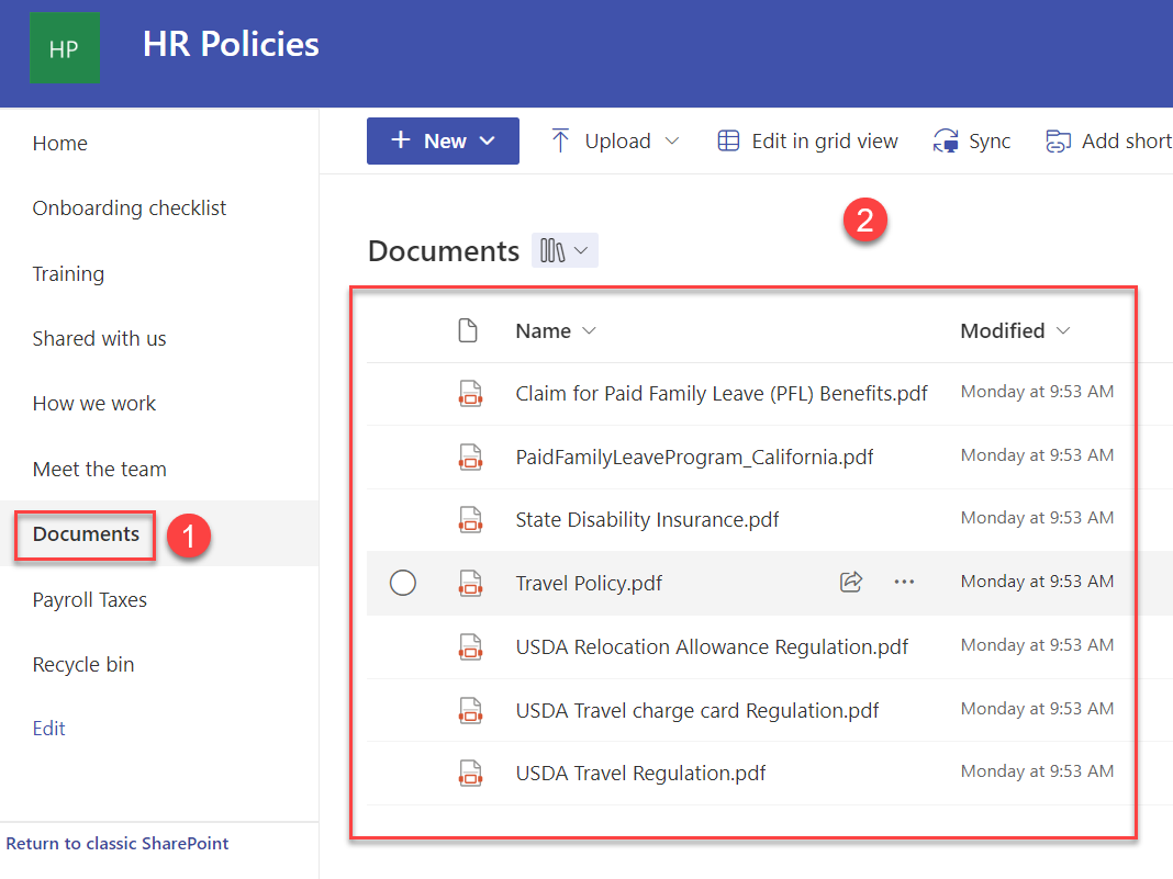 SharePoint Document Library with HR Travel policy and other policy document