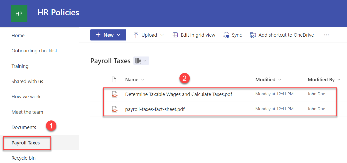 document library with Payroll tax files 