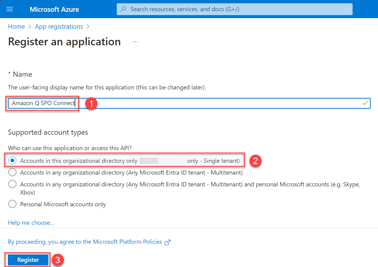 Azure Portal for App registration with name and account types field