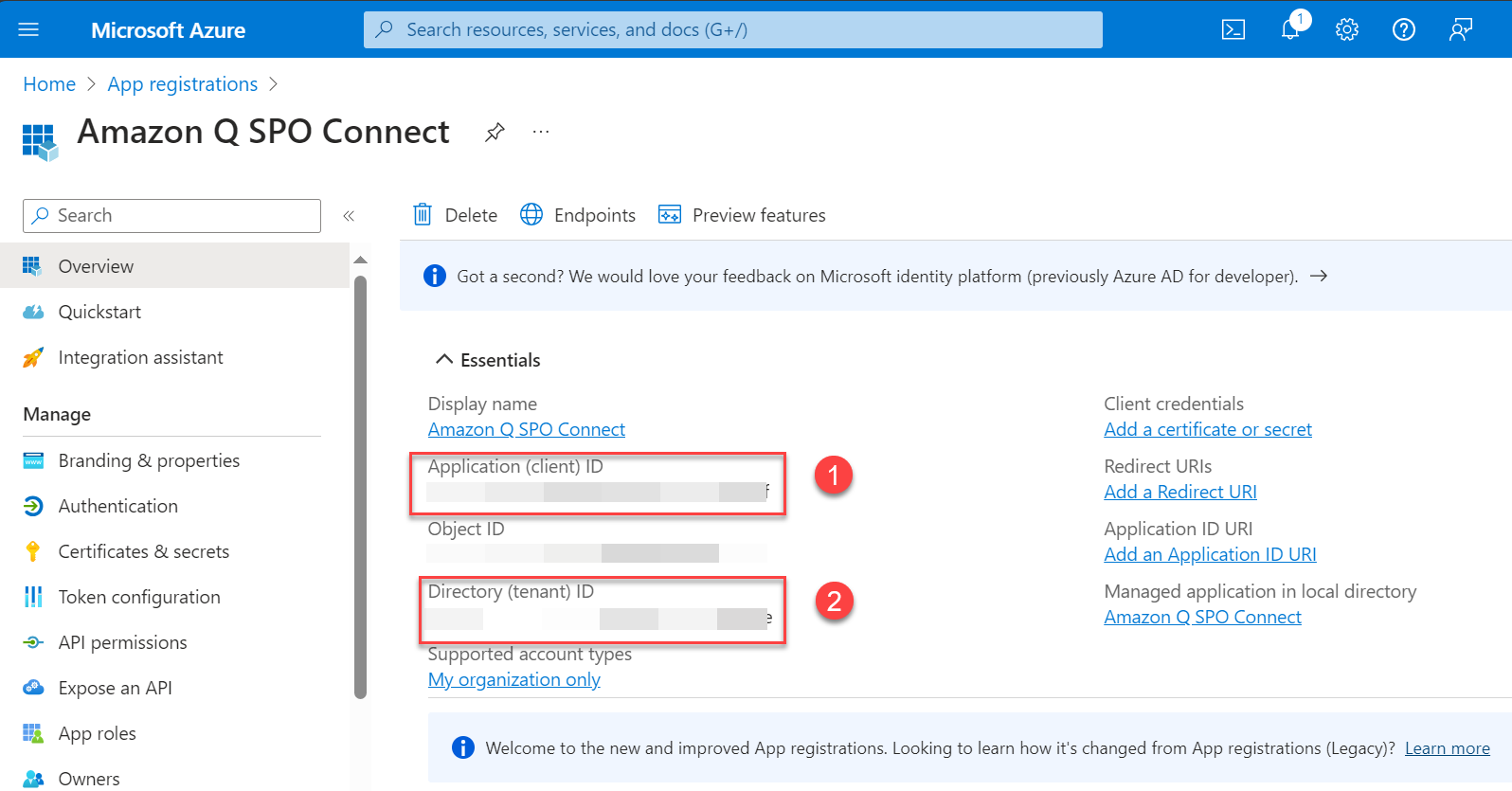 Azure App wiht client ID and Tenant ID