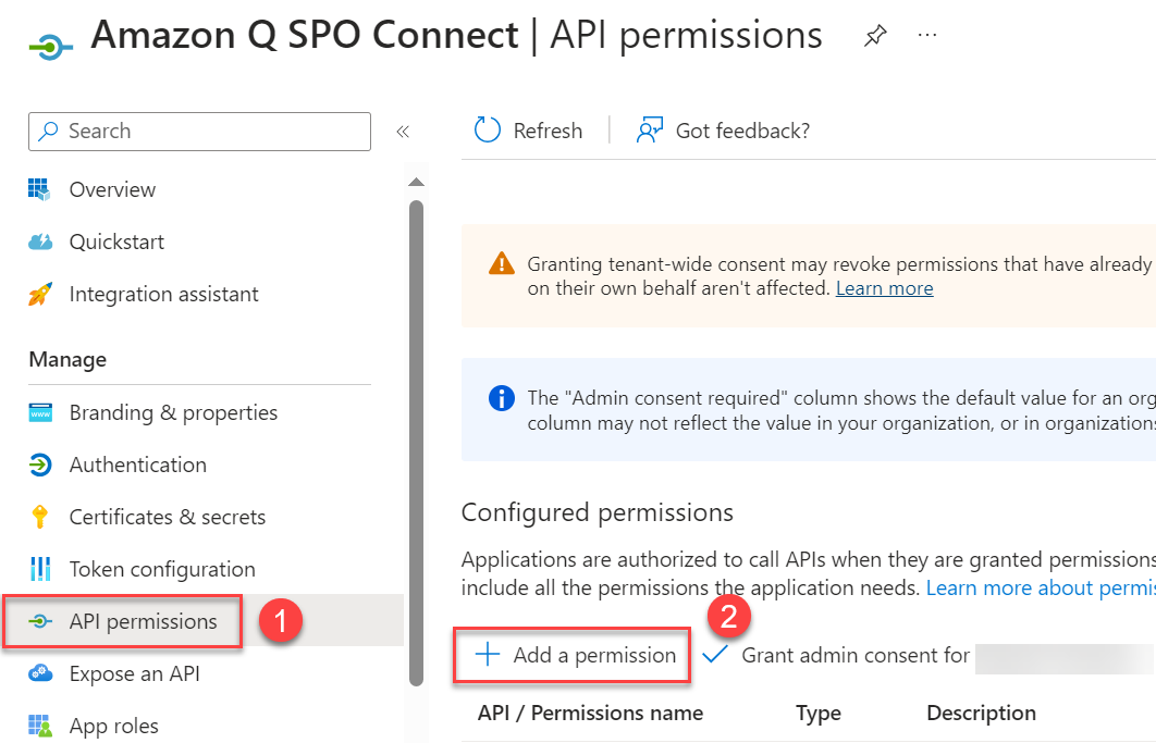Azure App API Permission tab