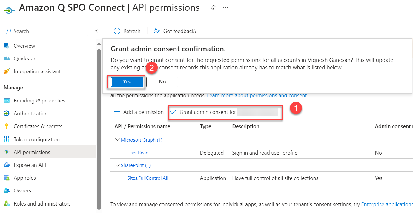 azure app Grant Admin consent confirmation