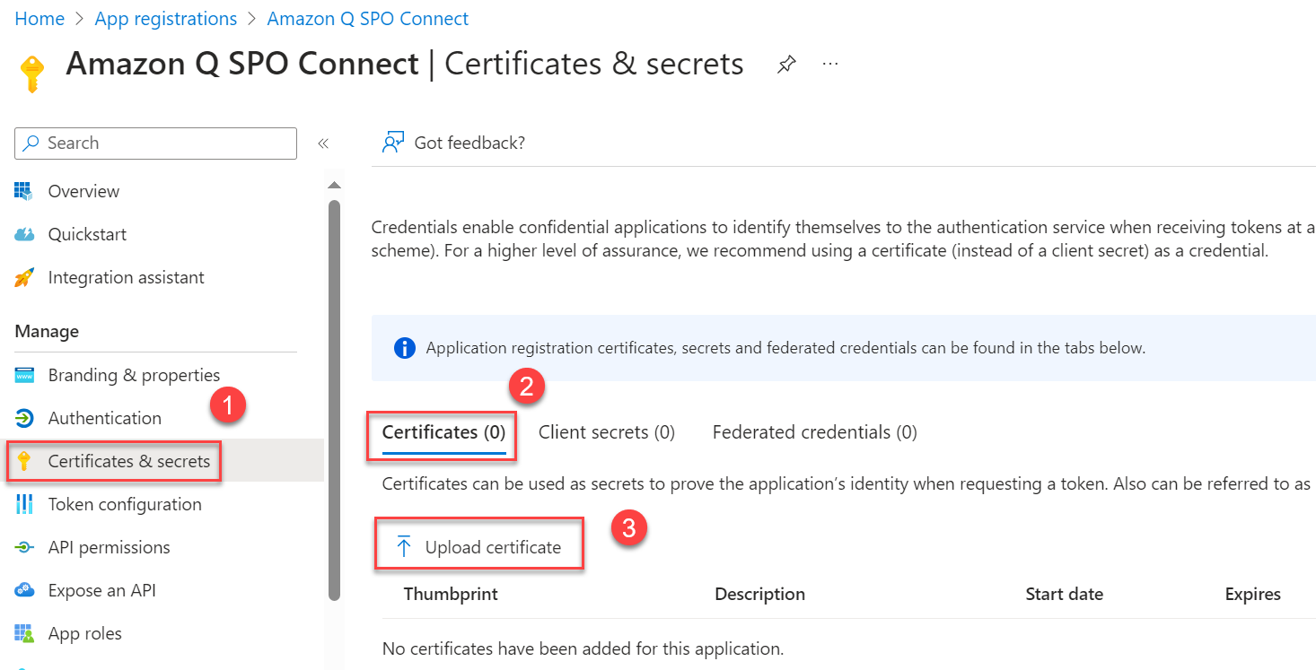 Azure App registration Certificate and Secrets page 