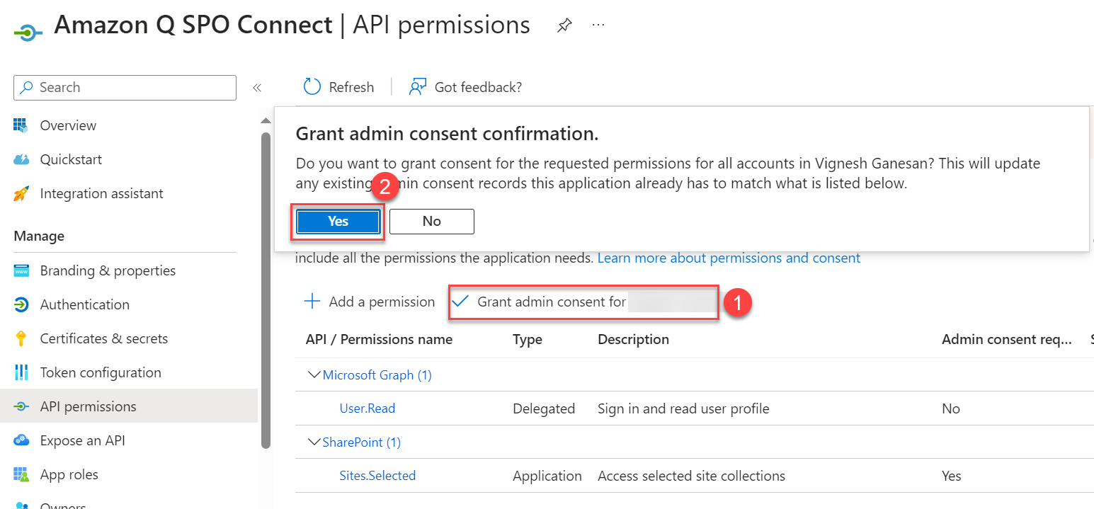 Azure App Grand Admin consent confirmation page