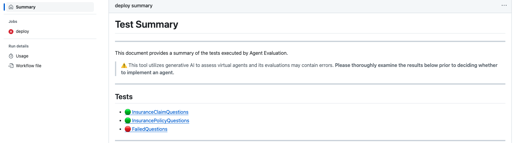 GitHub Action Agent Evaluation test summary