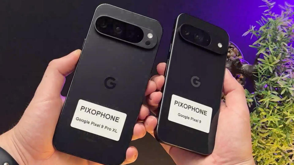 Two alleged prototypes of the Pixel 9 XL (left) and the Pixel 9 in hand. Purple and green background.