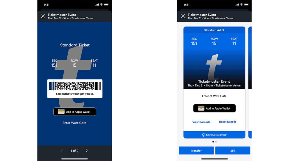 Side-by-side phone screenshots of the Ticketmaster app showing event barcodes.