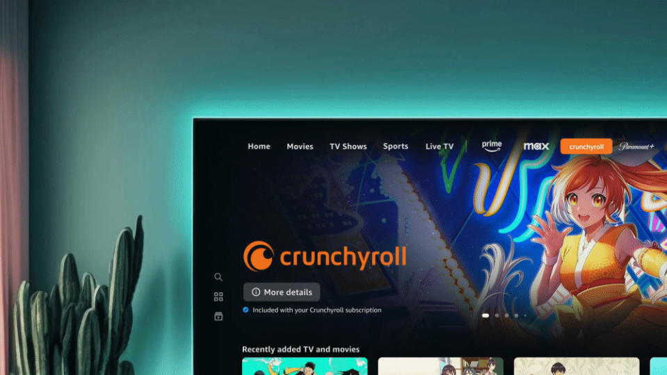 Close-up of the leftmost section of a mounted TV showing the new Prime TV design. Crunchyroll is highlighted.