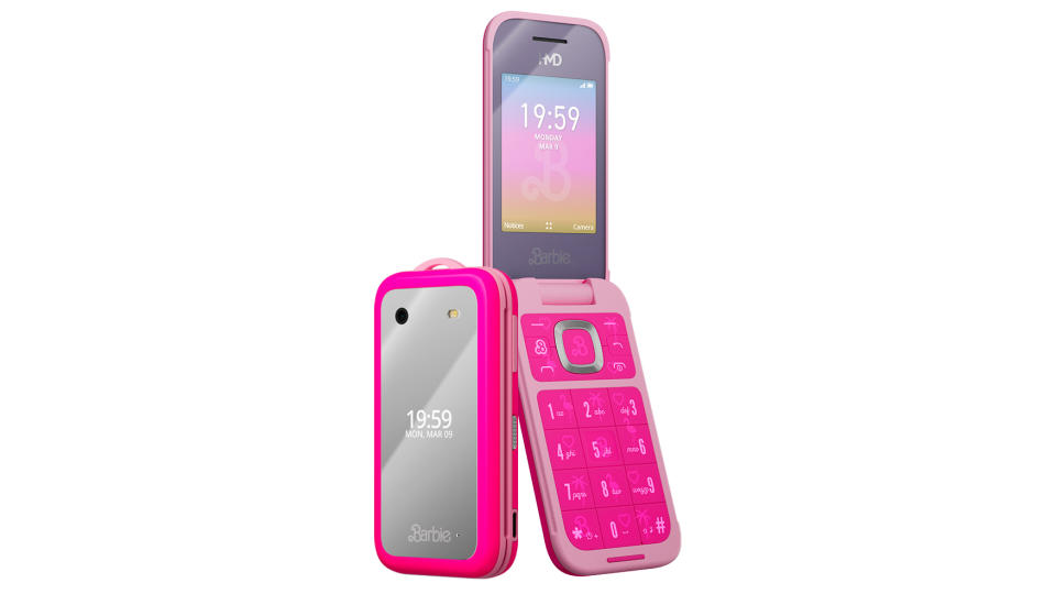 Barbie's flip phone: closed (left) resting on open (right).