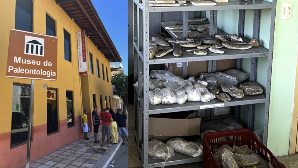 Split-panel view of the Museum of Paleontology in Brazil. Left: exterior; right: a shelf with fossils inside.