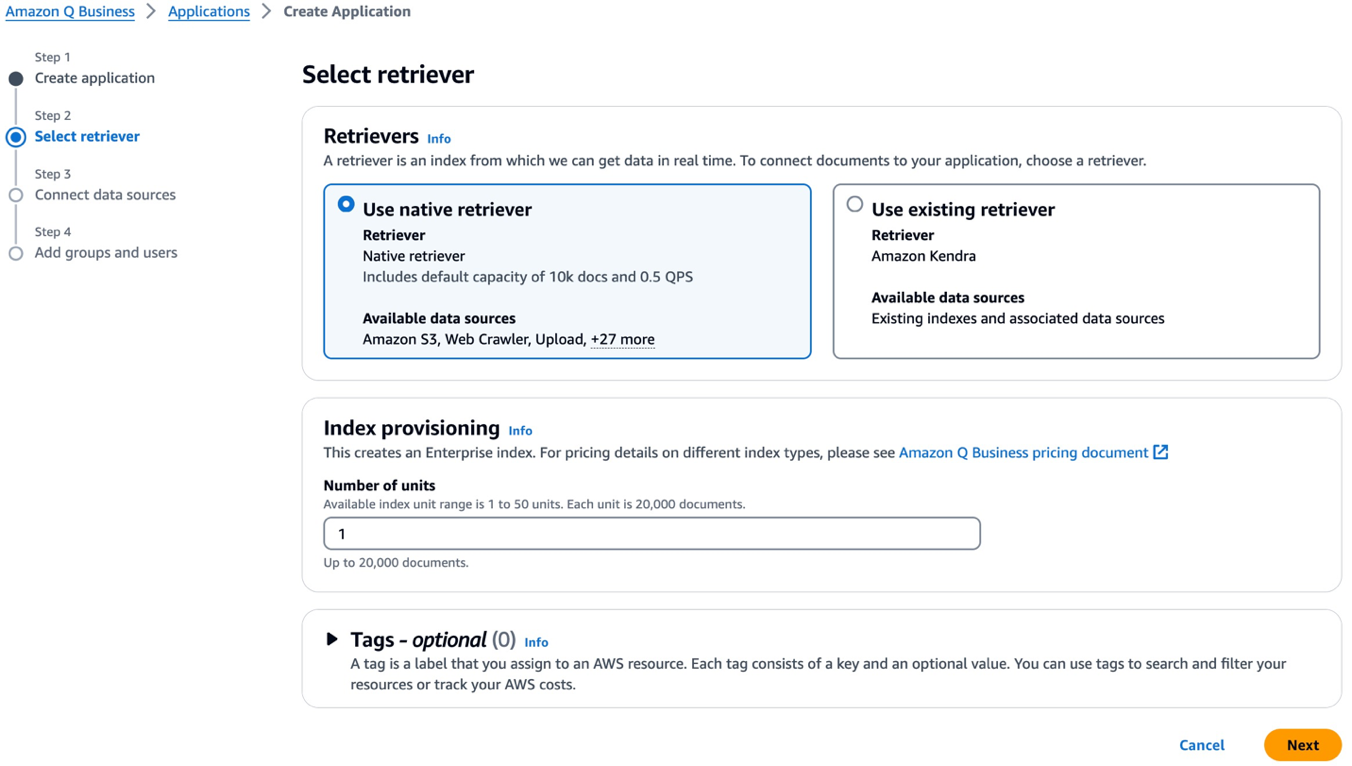 Select the "Use native retriever" and choose the "Number of units" based on the how many documents has to be indexed.