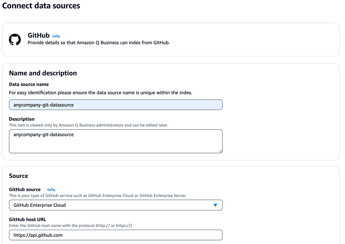 From the datasource profile, provide the Data source name, description, Github source as "Github Enterprise Cloud" and the Github Host URL.