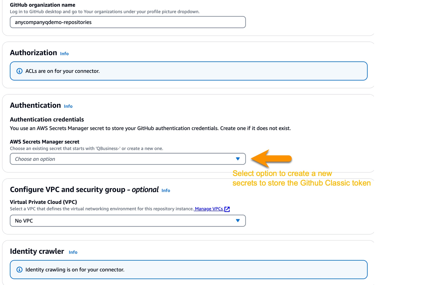 ACLs and Identity Crawlers are by default enabled for Github connector. Provide the organization name, and the Token for Github authentication. VPC is optional, move to next step without selecting one.