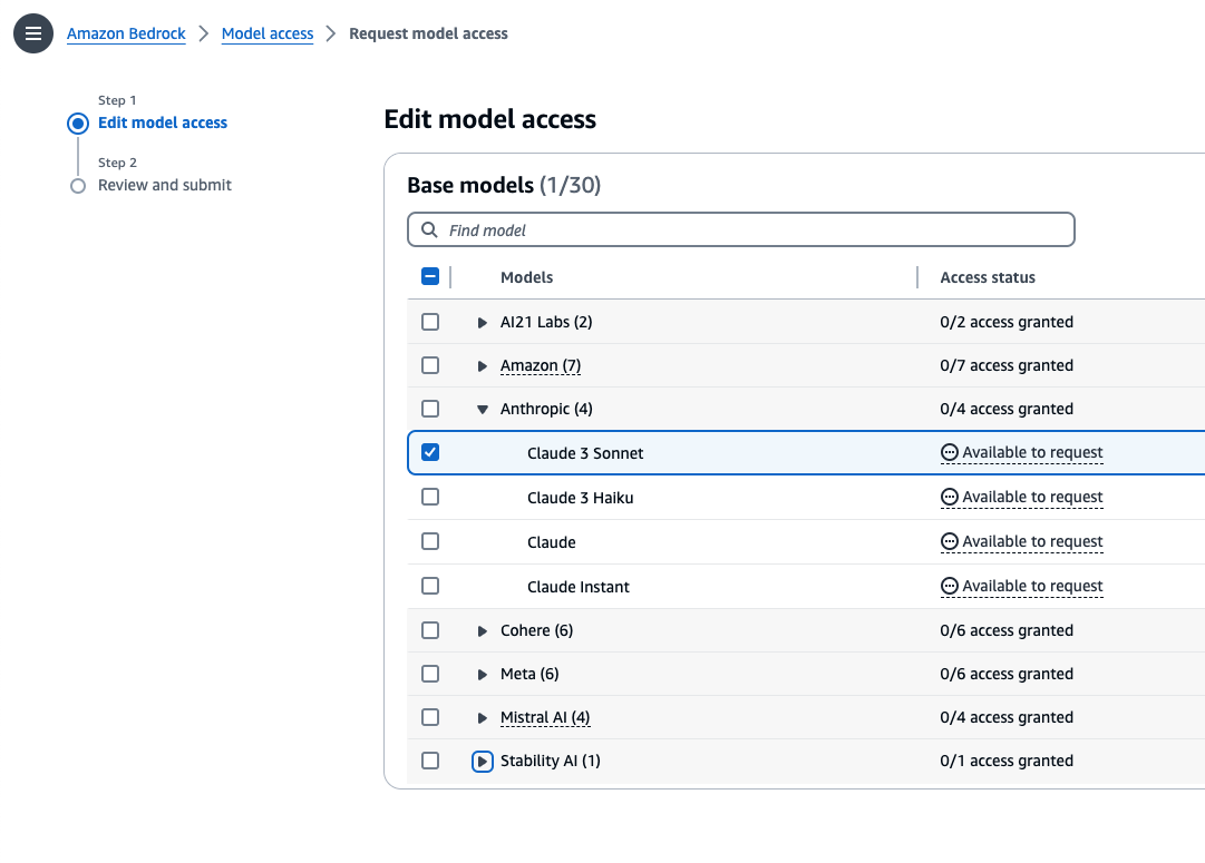 Edit the model access page and select Claude's sonnet 3