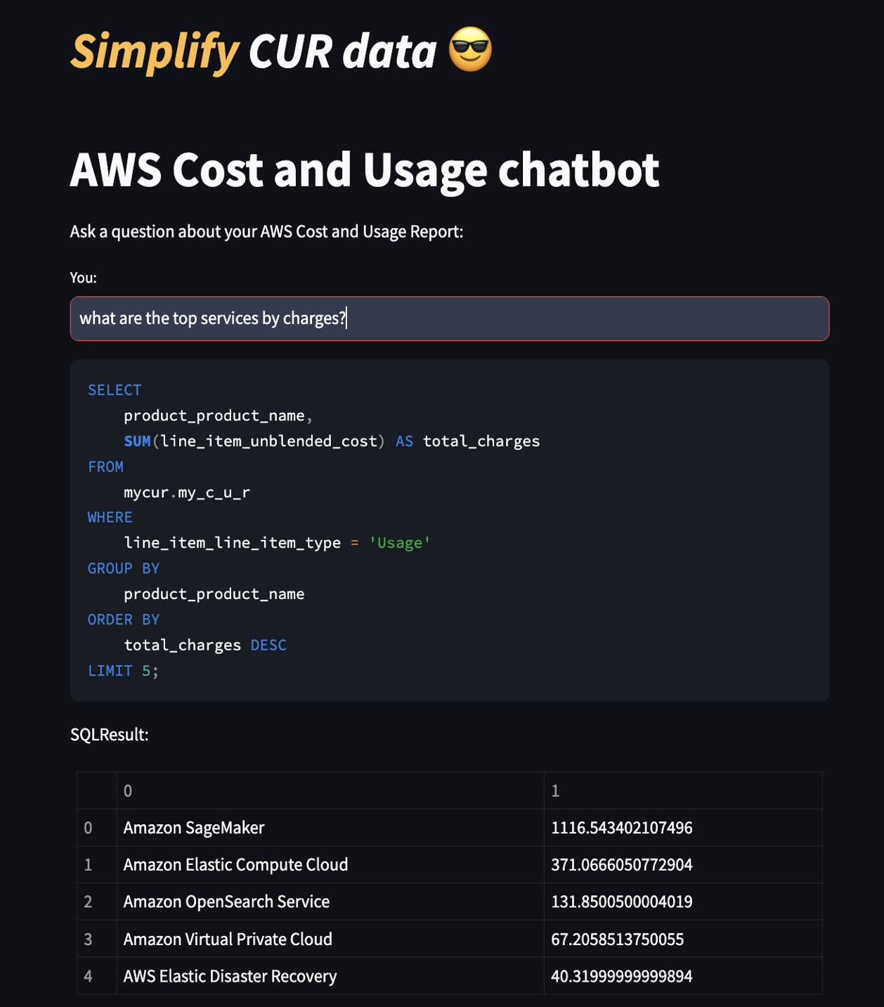 Figure 5. Shows the final result presented in the chatbot web application, including the SQL query and query results.