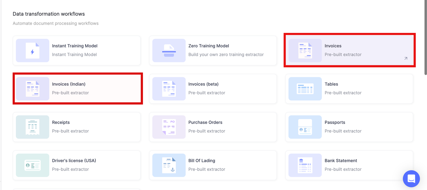 Choose Nanonets pre-built extractors for invoices to get started