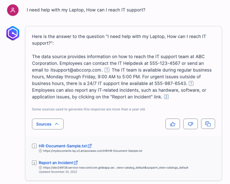 Screenshot showing employee interacting with the application on how to reach IT support