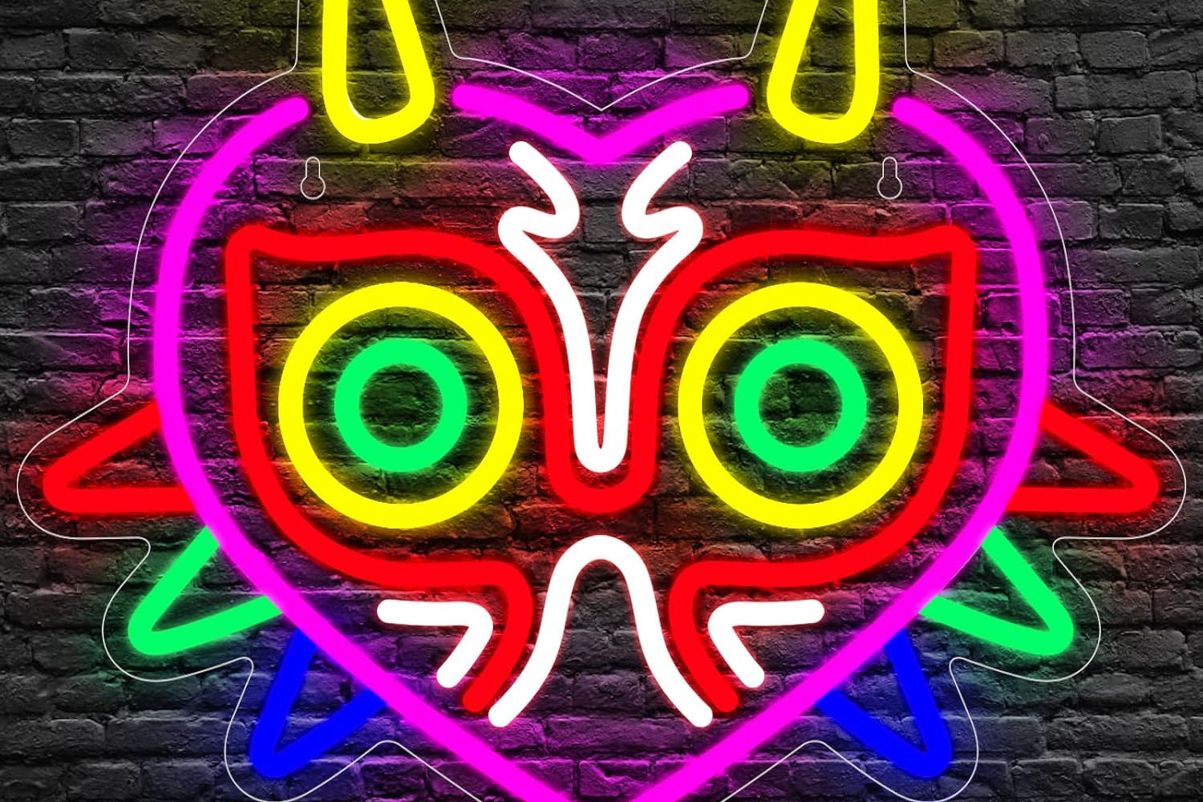 Neon sign designed to look like Majora's Mask.