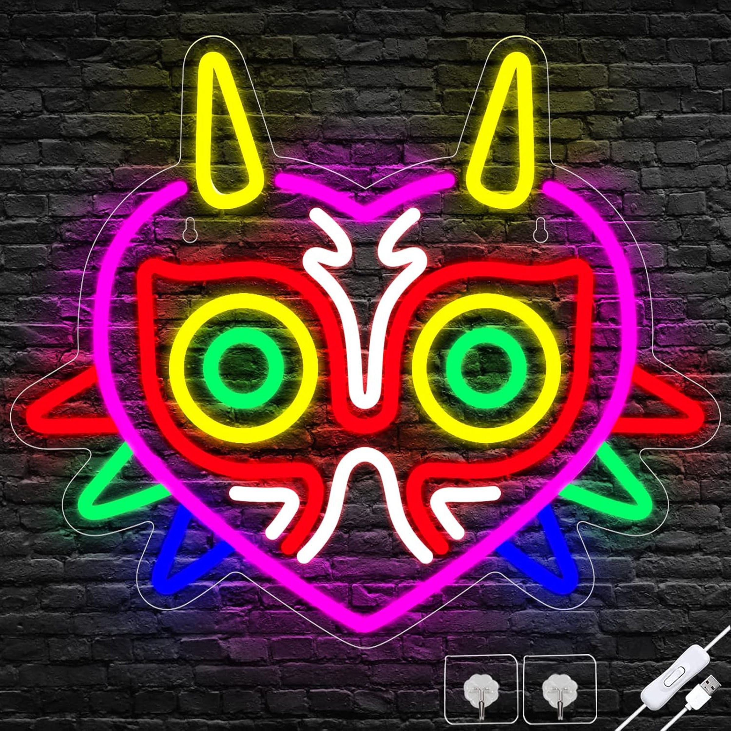 Neon sign designed to look like Majora's Mask.