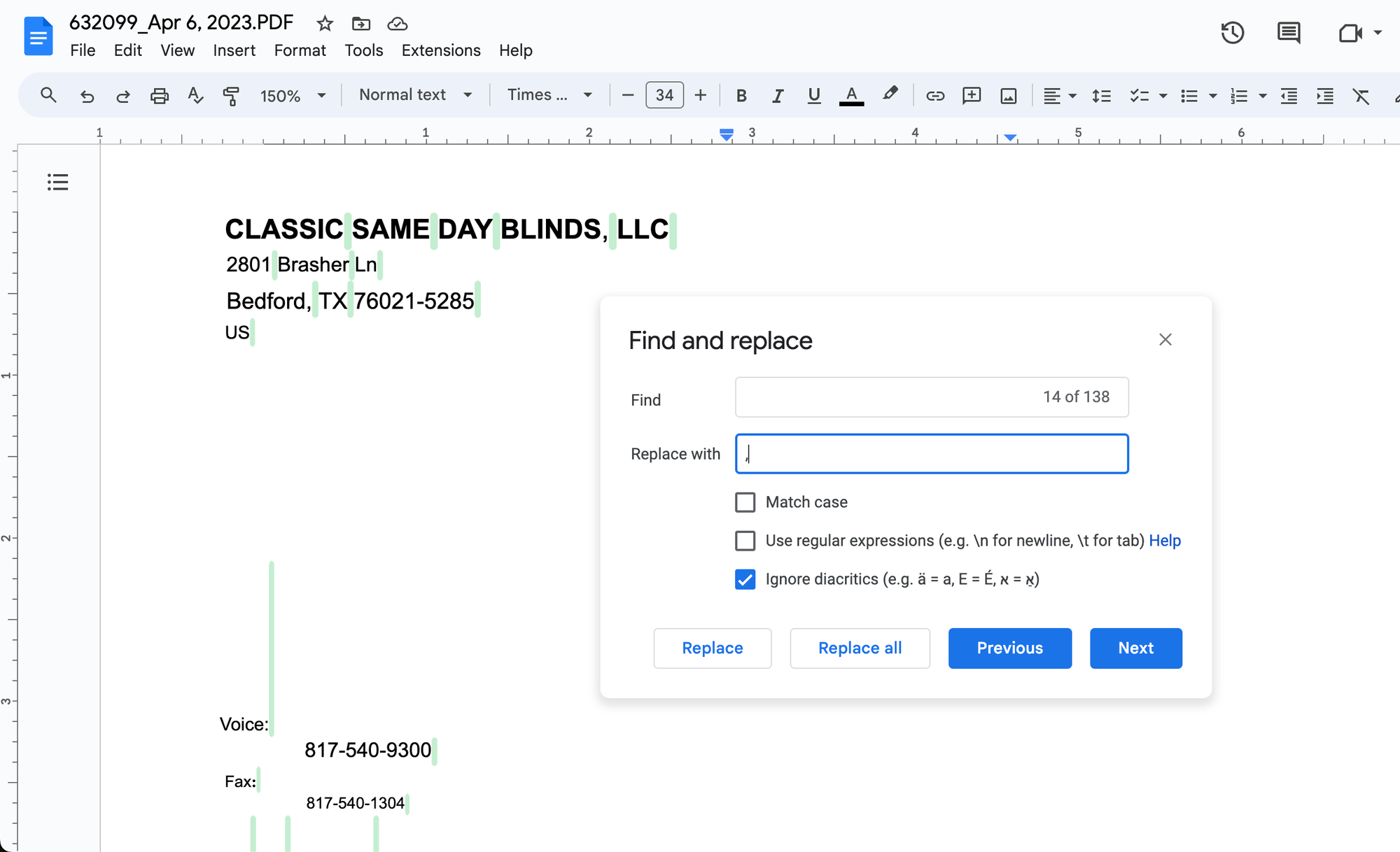 find and replace spaces with commas in Google Docs