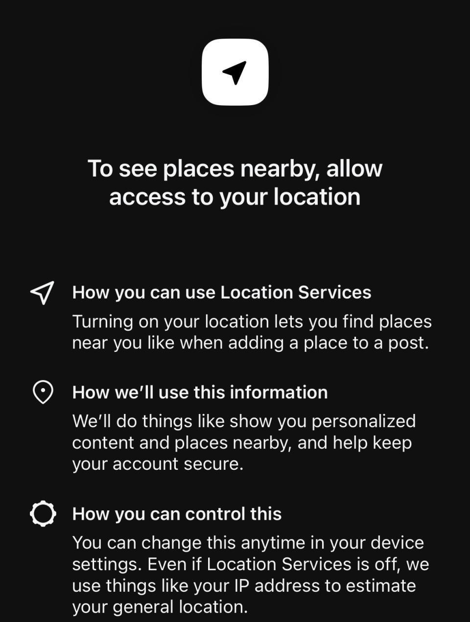 Disclaimer on Meta app for location sharing in threads.