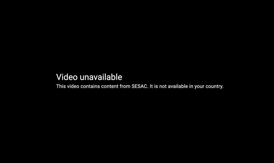 A black screen with the message: Video not available. This video contains content from SESAC. It is not available in your country.