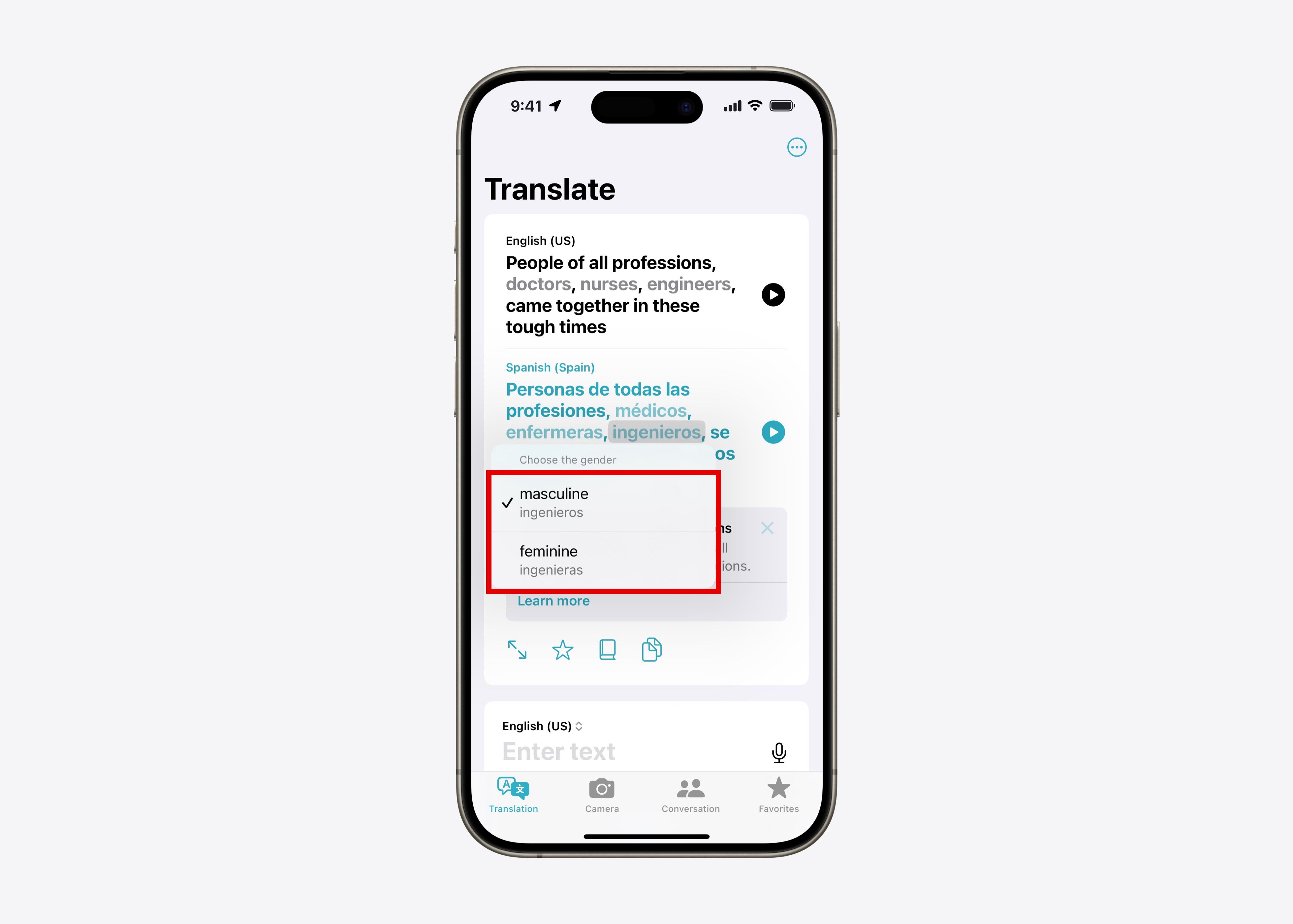 Figure 2C: How to control gender in the Translate app: by selecting gender.